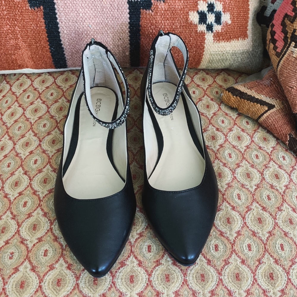 BCBG Pointed Ballet Flats w Rhinestone Ankle Strap